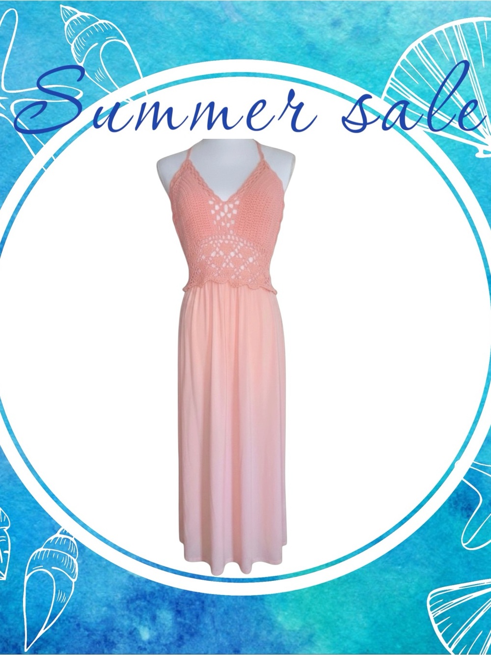 Hand-Crocheted Peach Maxi Dress with Spaghetti Straps